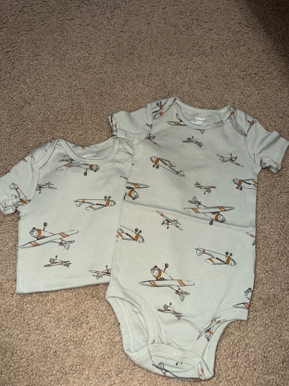 Carter's Sage Green Airplane Print Baby One-Piece Bodysuits
